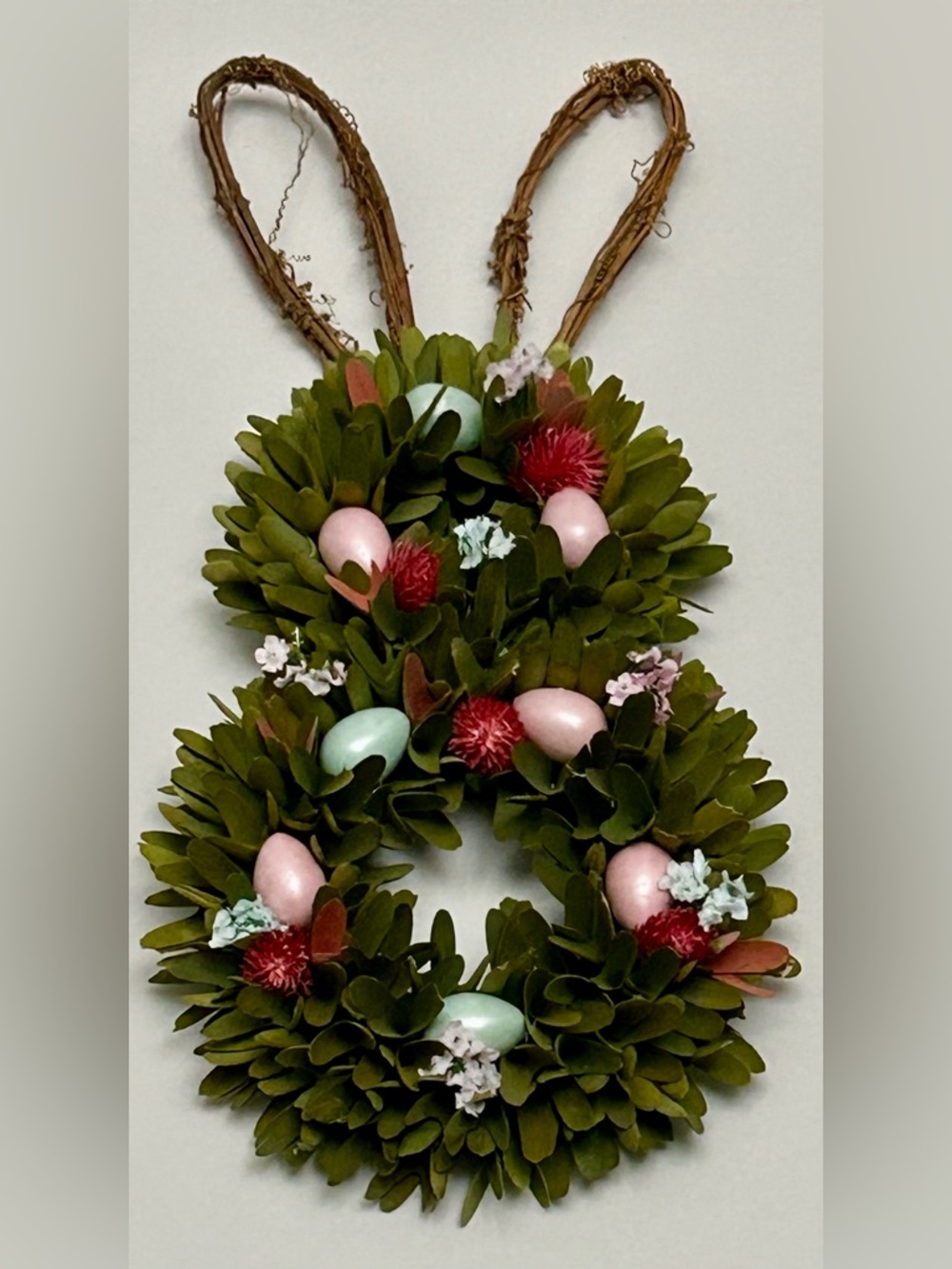 Boxwood Bunny Wreath with Pastel Eggs